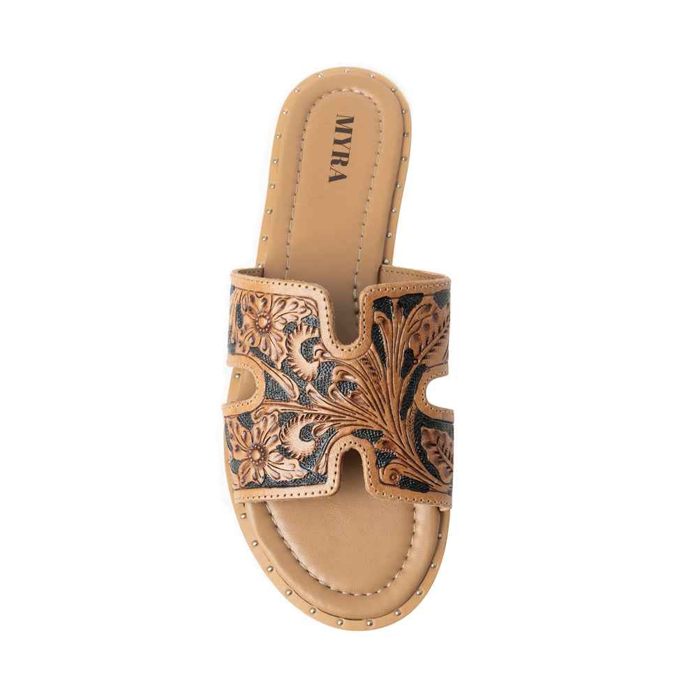 Myra Carmina Anne Dark Embossed Leather Slip-On Sandals for Women â€“ Western H-Cut Slides with Studded Trim