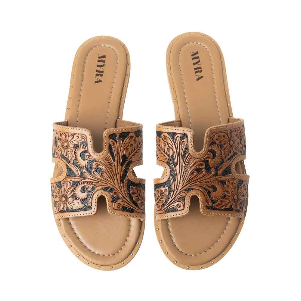 Myra Carmina Anne Dark Embossed Leather Slip-On Sandals for Women â€“ Western H-Cut Slides with Studded Trim