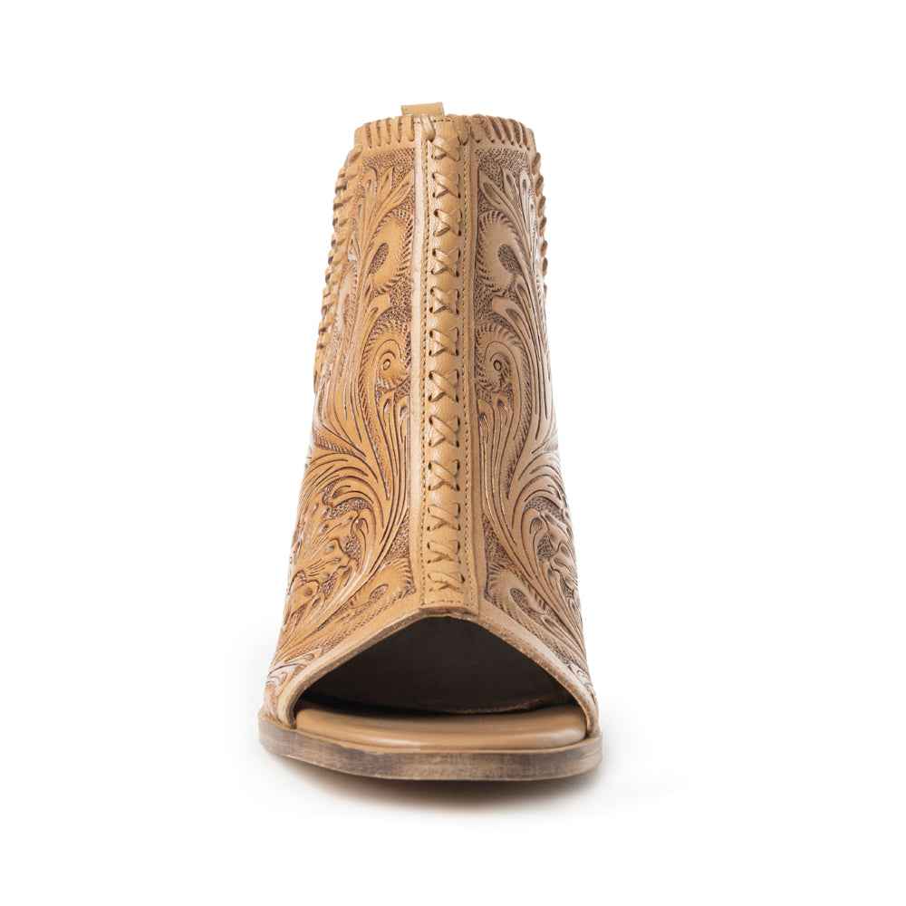 Myra Persimmonee Embossed Leather Heels for Women Open Toe, Mid Block Heel, Western Cowgirl Fashion for Rodeo Evenings