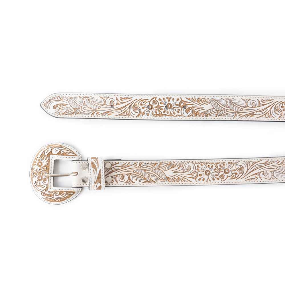 Myra Talon High Ivory Tooled Leather Belt for Women - Statement Rodeo Buckle with Western Embossed Floral Design