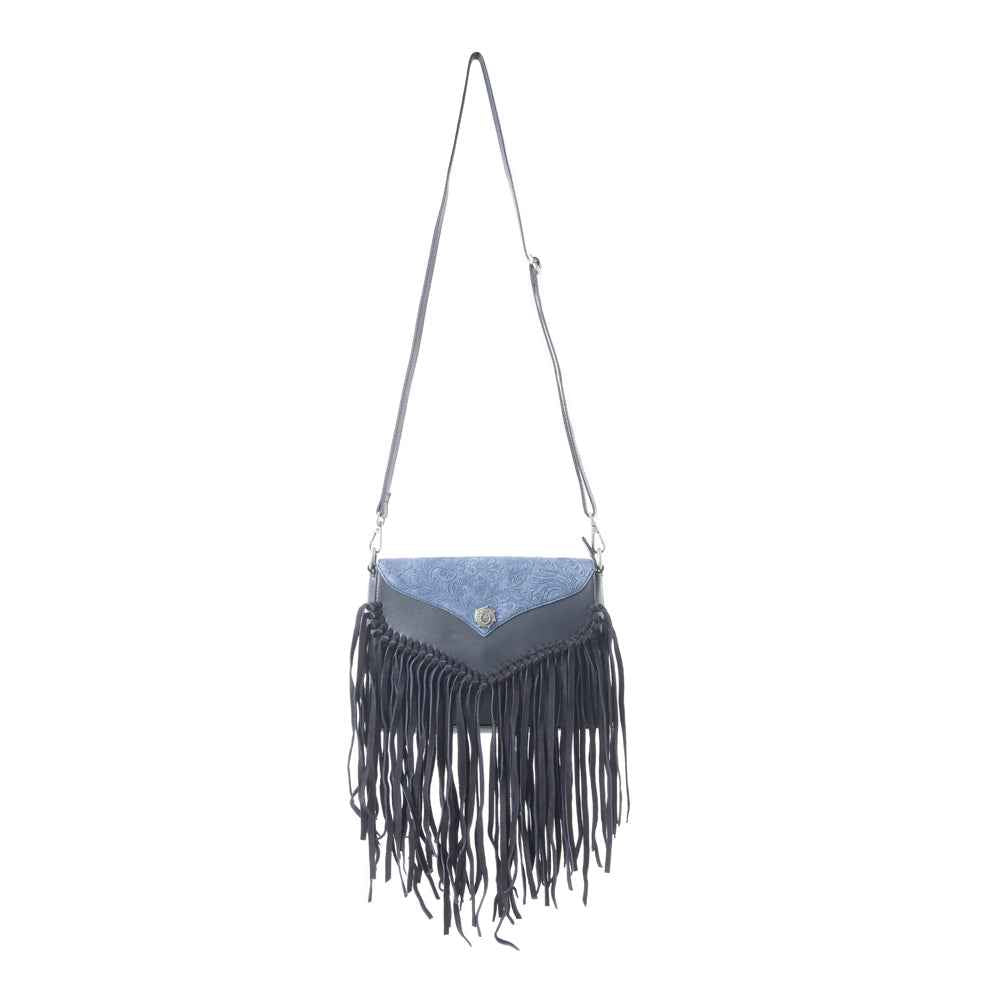 Wild West Fringe Leather Crossbody Bag in Ash Denim