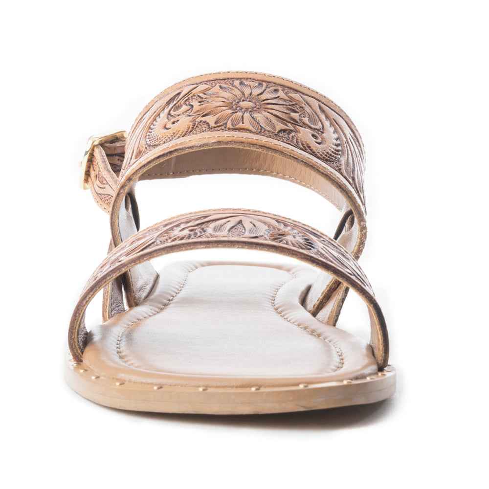 Myra Wildflower Wanderer Handtooled Leather Sandals for Women â€“ Ankle Buckle Strap, Western Floral Carving, Everyday Comfort