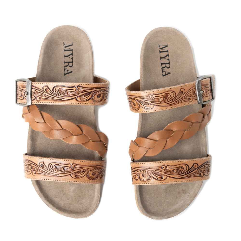 Dustbark Handtooled Leather Sandals in Rustic Tan