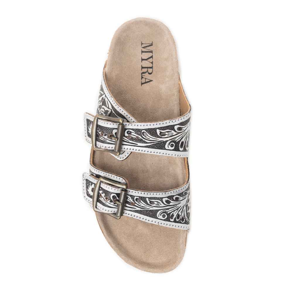 Mesa Scroll Handtooled Sandals in Brown & White