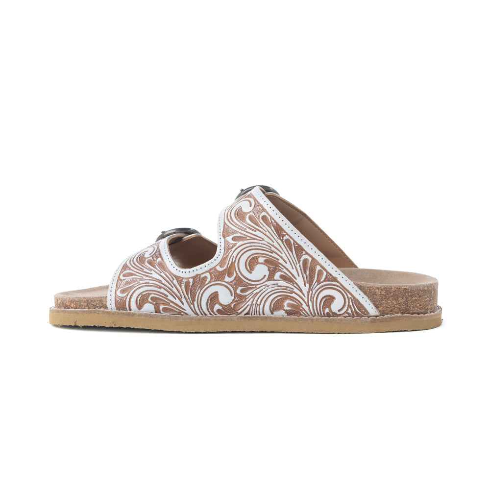 Myra Marlowe Western Handtooled Leather Sandals in Ivory Bloom
