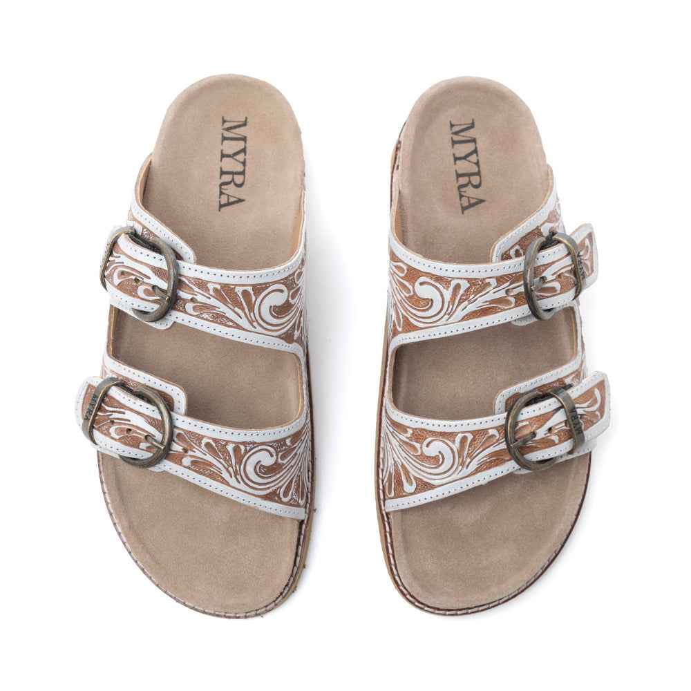 Myra Marlowe Western Handtooled Leather Sandals in Ivory Bloom