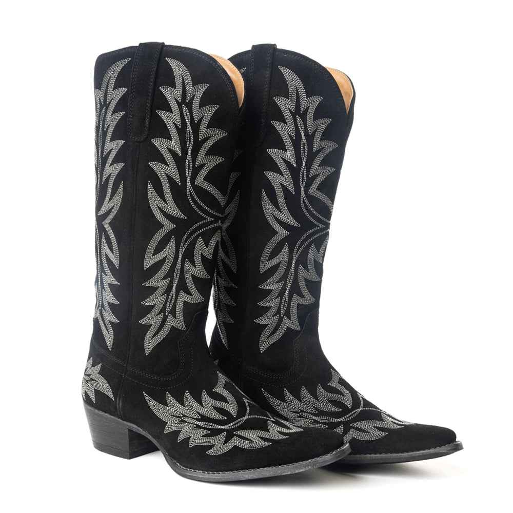 Midnight Trail Embroidered Leather Boots in Shadow Black