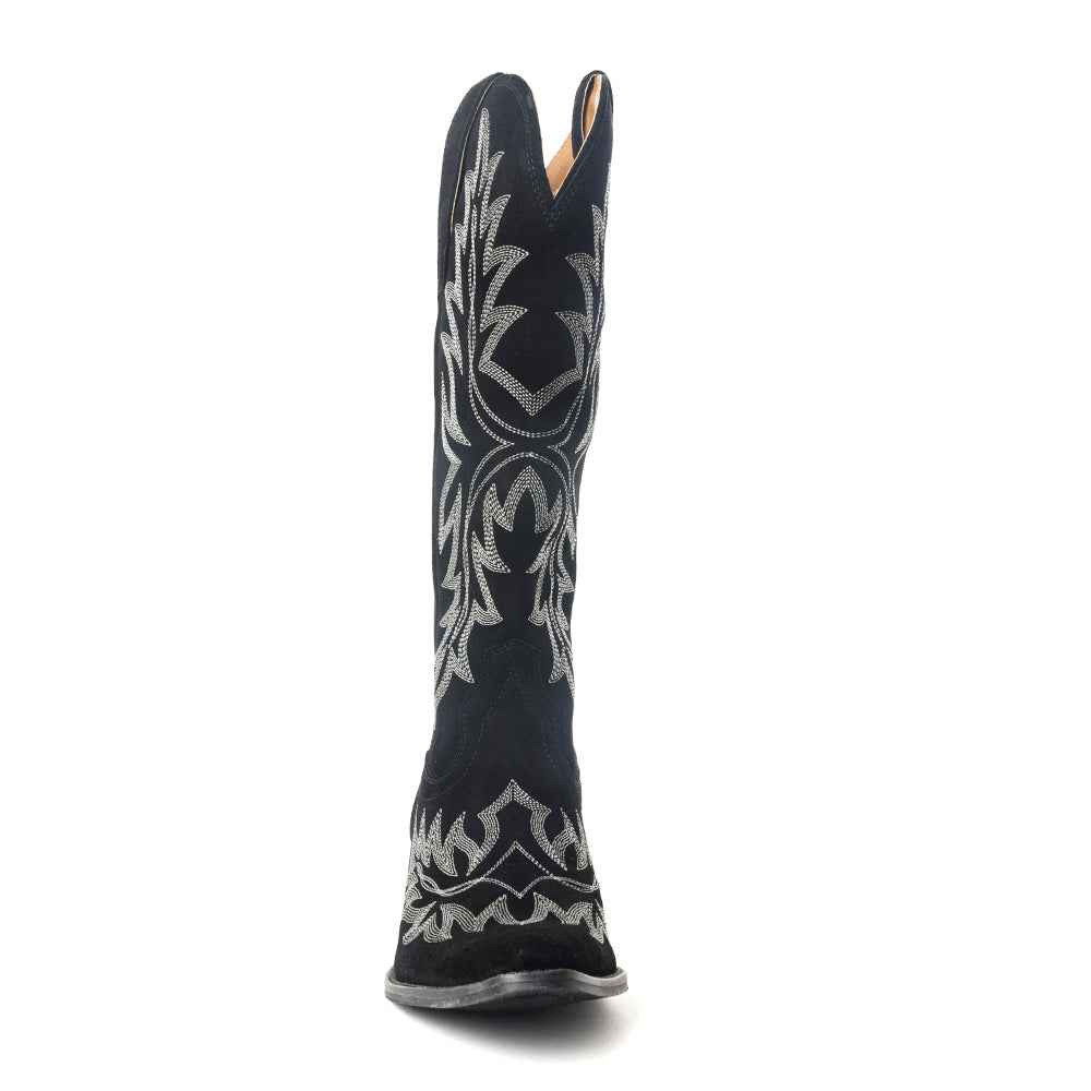 Midnight Trail Embroidered Leather Boots in Shadow Black