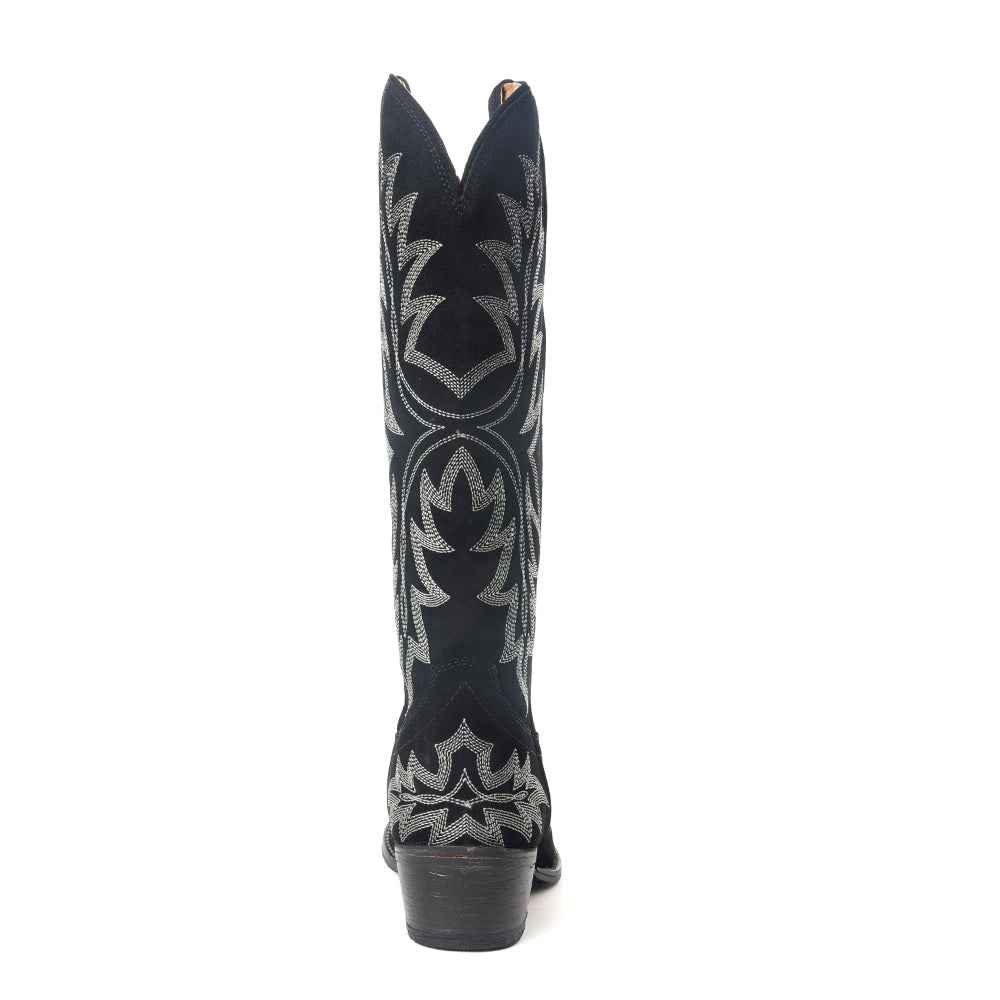 Midnight Trail Embroidered Leather Boots in Shadow Black