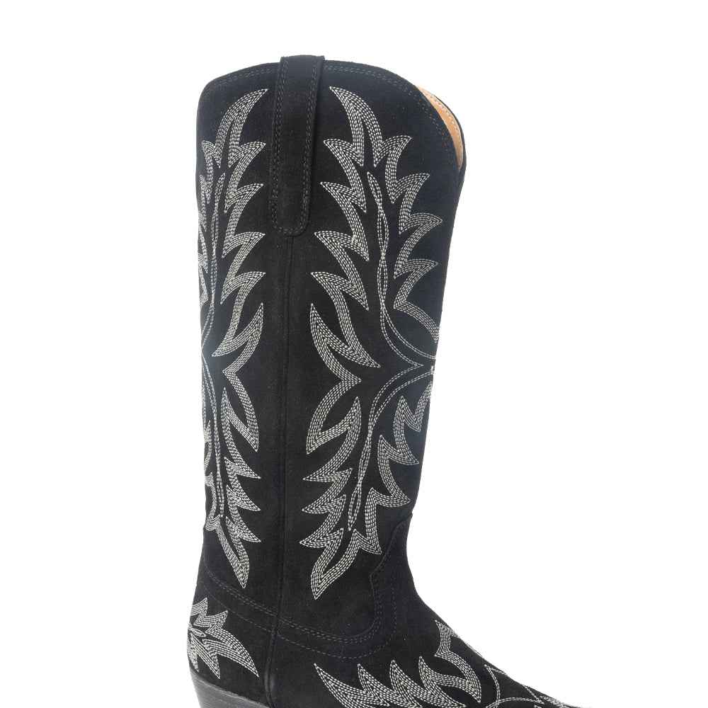 Midnight Trail Embroidered Leather Boots in Shadow Black