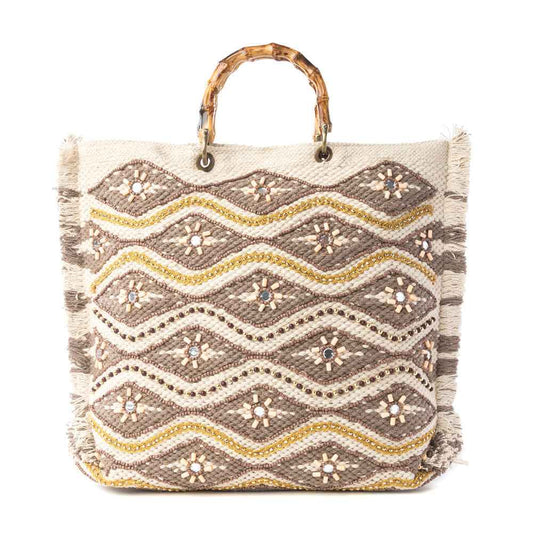Myra Harvest Dune Hand Embroidered Tote Bag in Misty Taupe