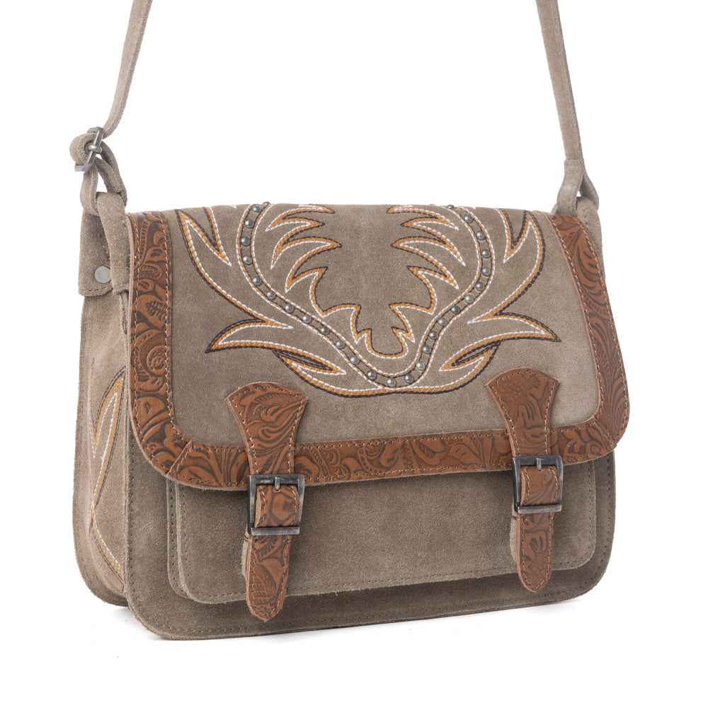 Myra Amberwood Suede Leather Boot Embroidered Bag in Olive Taupe