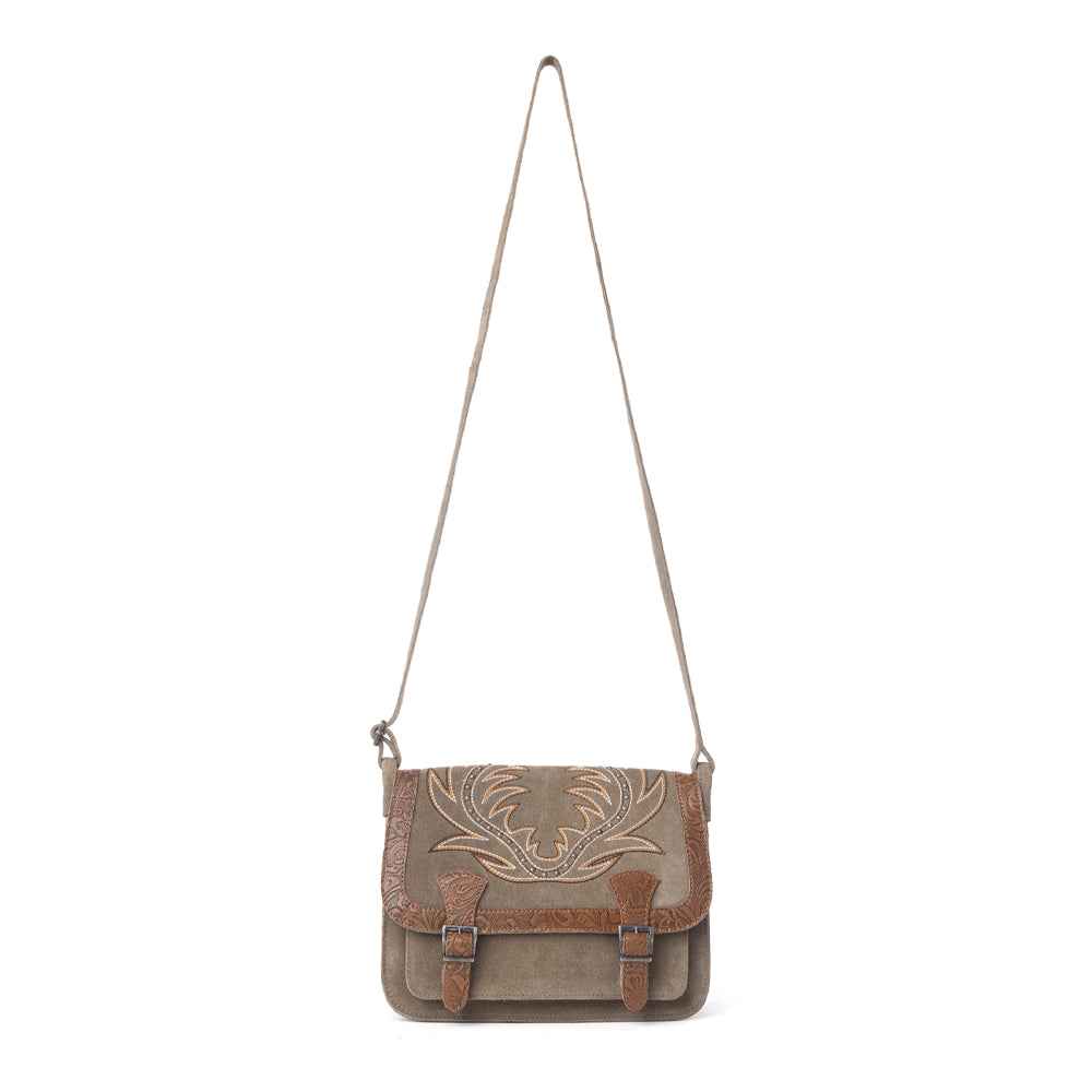 Myra Amberwood Suede Leather Boot Embroidered Bag in Olive Taupe