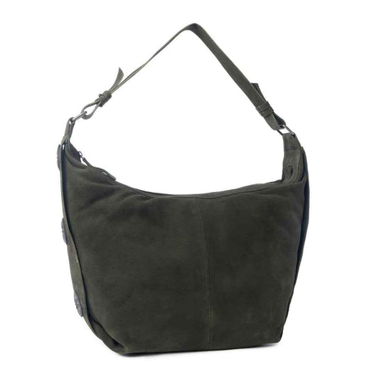 Myra Hunter’s Grove Suede Leather Shoulder Bag in Ranch Olive