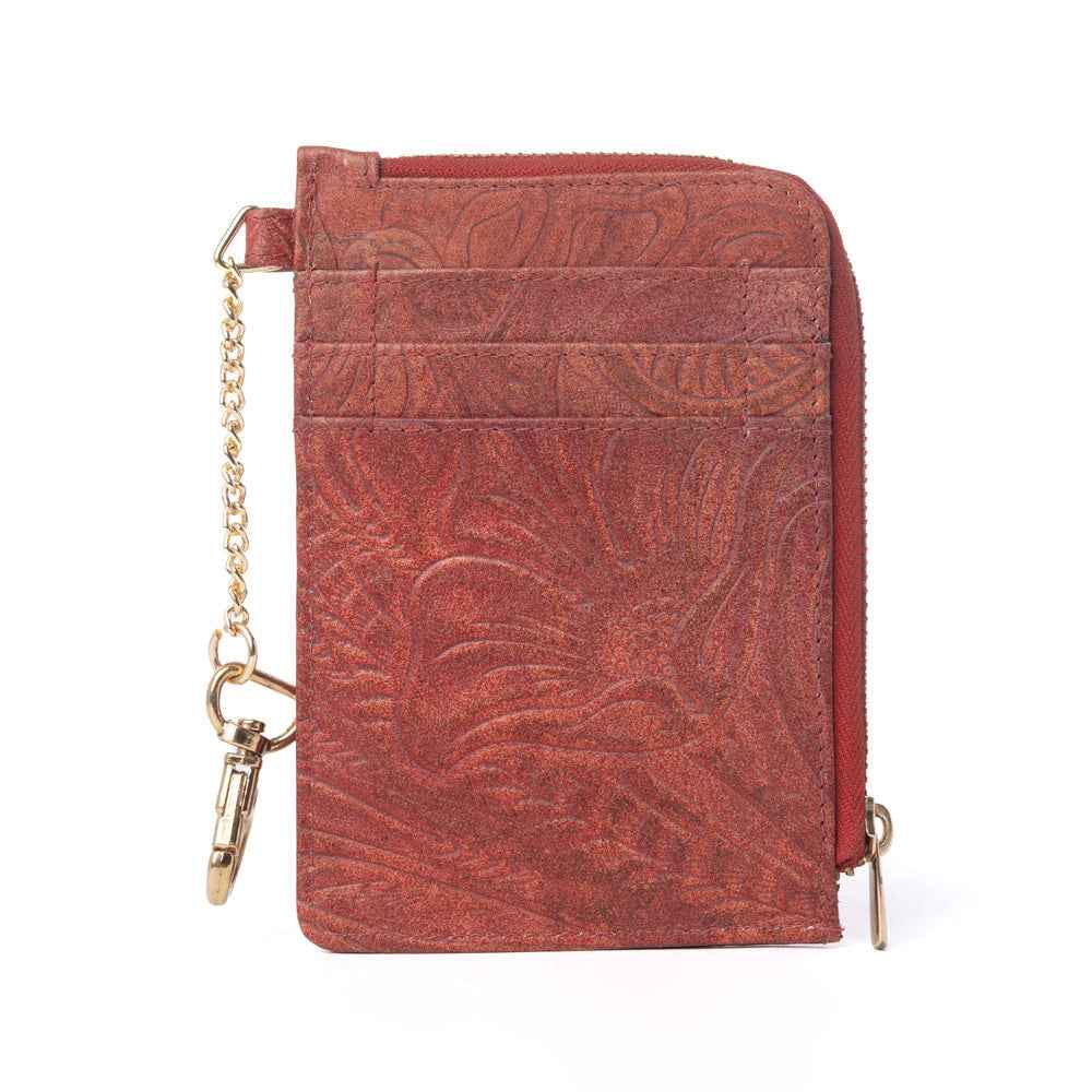 Myra Summer Grove Embossed Leather Credit Card Holder in Burnt Crimson