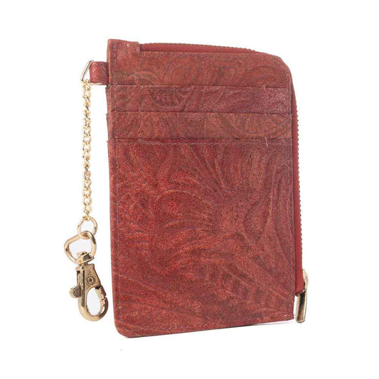 Myra Summer Grove Embossed Leather Credit Card Holder in Burnt Crimson