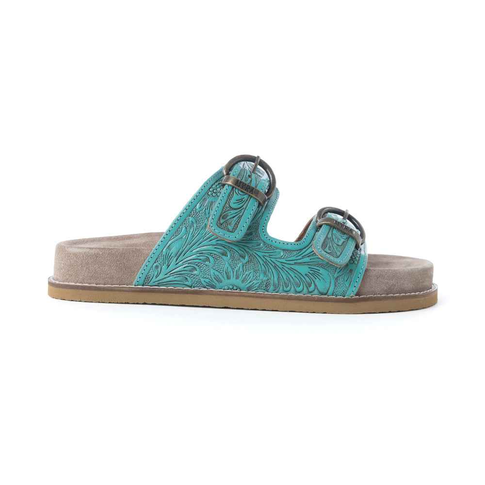 Myra Bluebell Ranch Handtooled Leather Sandals in Alpine Teal
