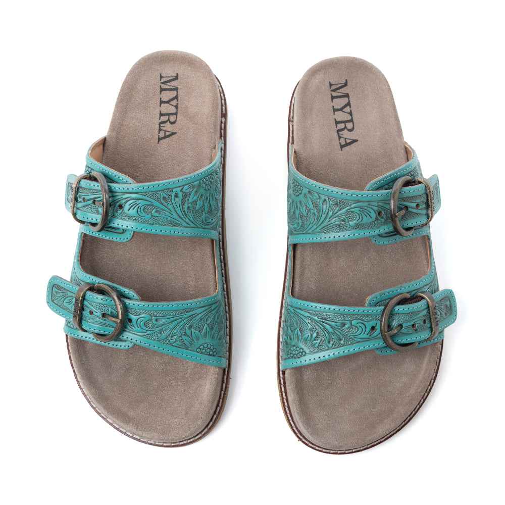 Myra Bluebell Ranch Handtooled Leather Sandals in Alpine Teal