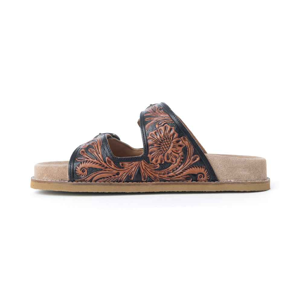Myra Canyon Ember Handtooled Leather Sandals in Bronzed Brown