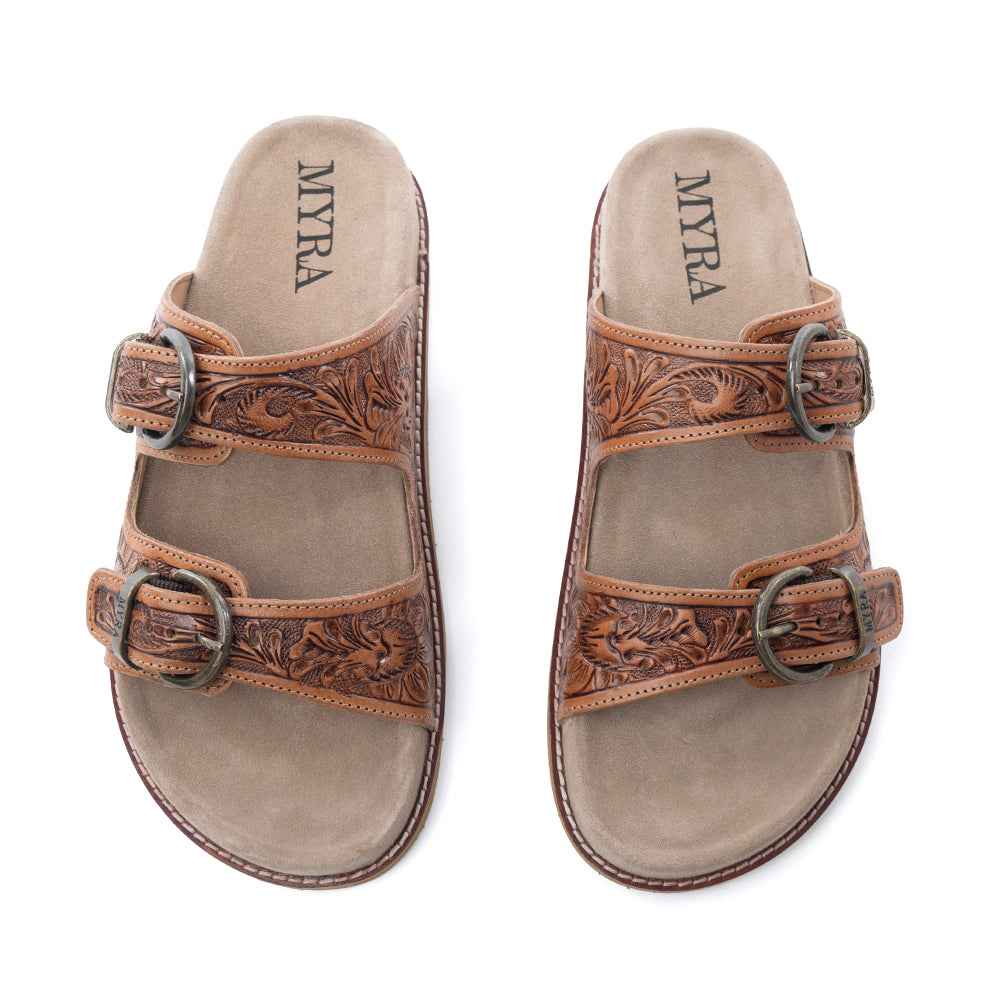 Myra Desert Fern Handtooled Leather Sandals in Autumn Tan