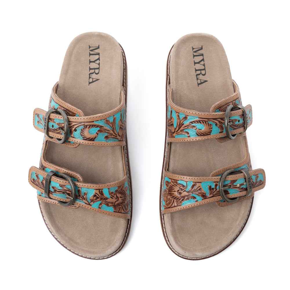 Myra Meadow Sky Handtooled Leather Sandals in Sagewave Blue