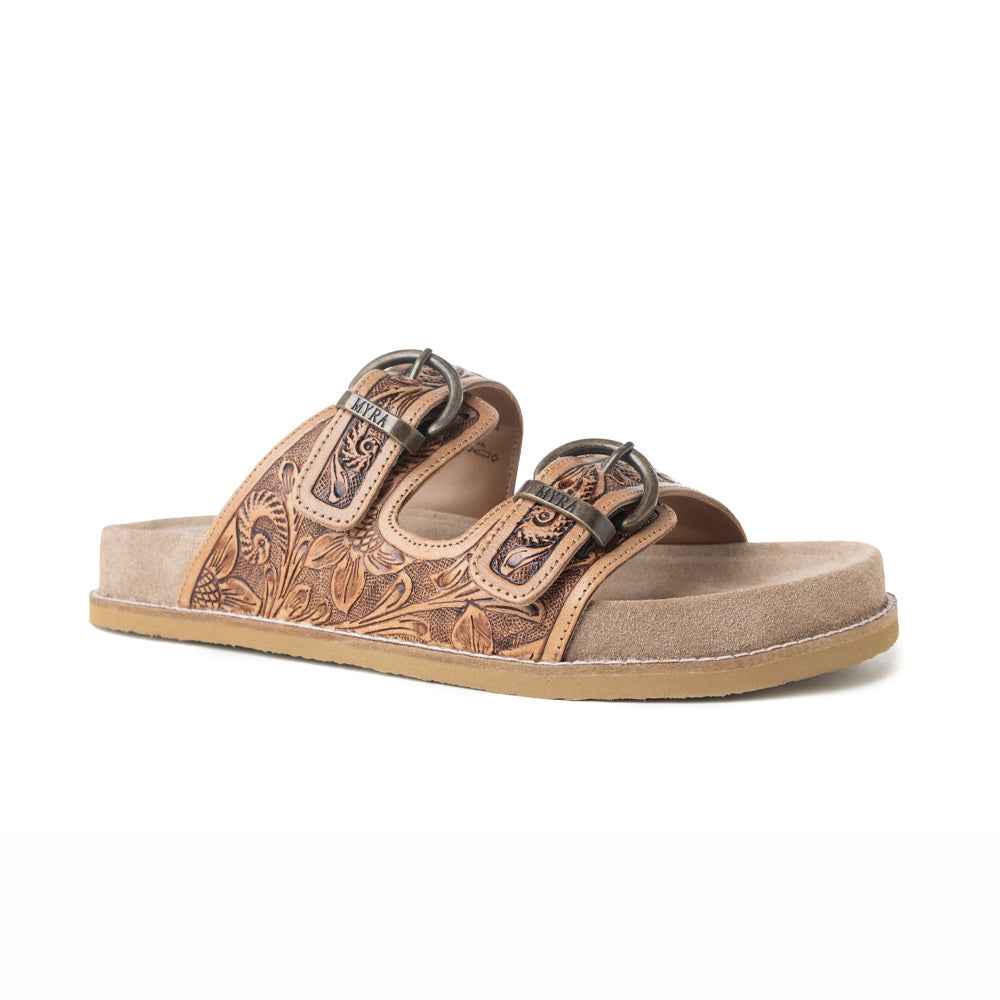 Myra Willow Bloom Handtooled Leather Sandals in Ashen Brown