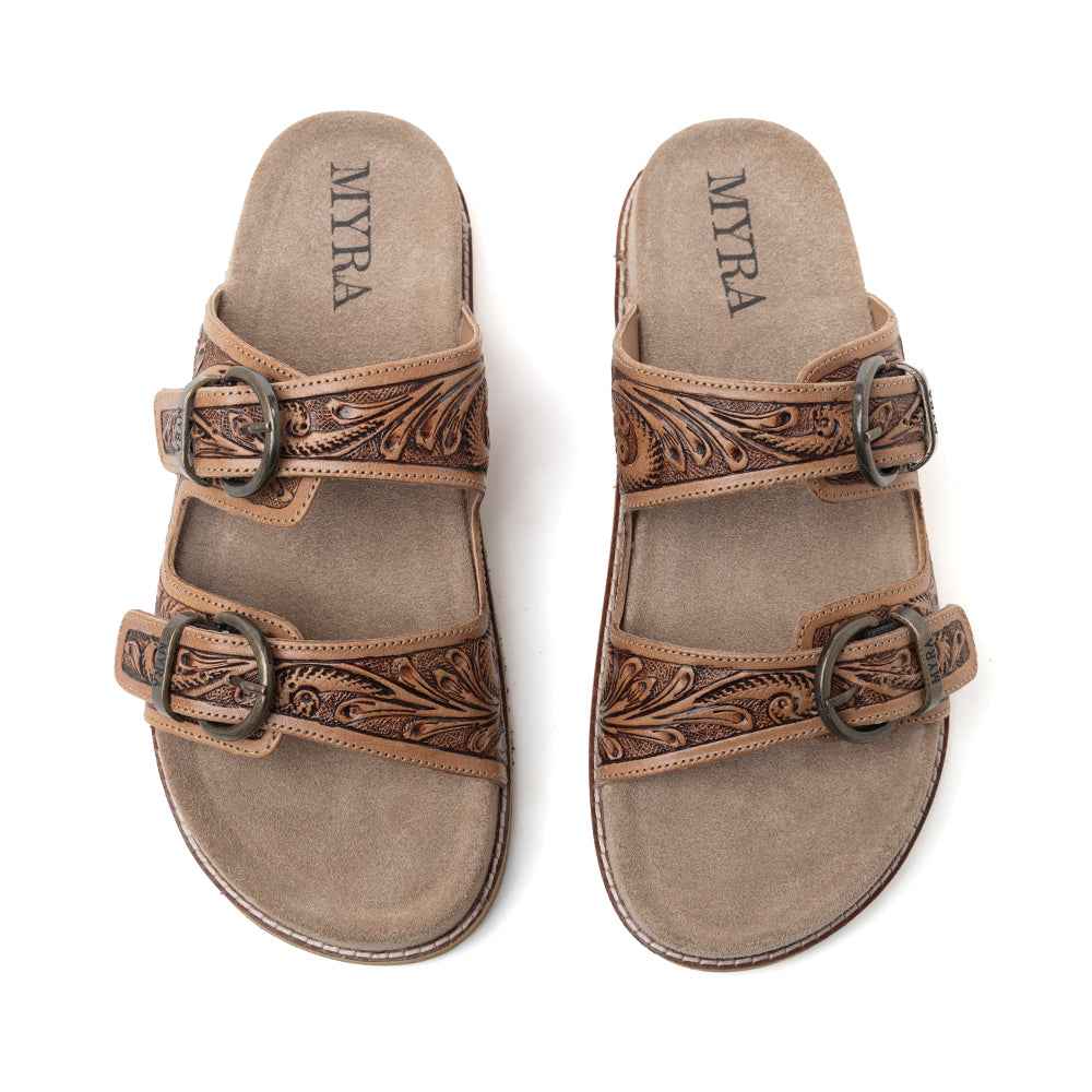 Myra Willow Bloom Handtooled Leather Sandals in Ashen Brown