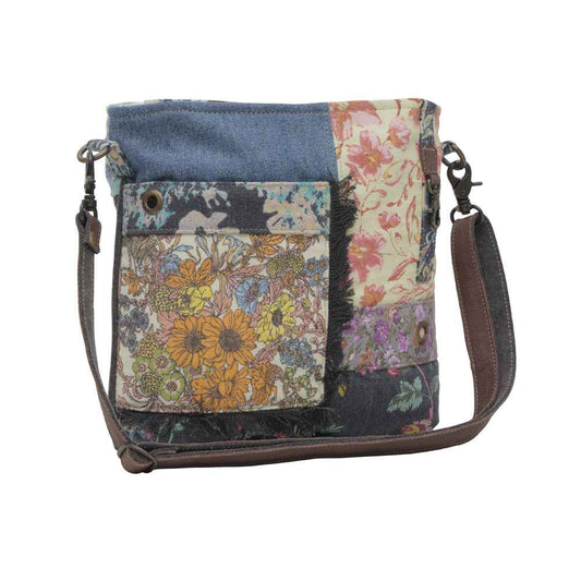 Myra Le Fleur Vintage Satchel Bag for Women with Colorblock Florals and Rustic Leather Sling