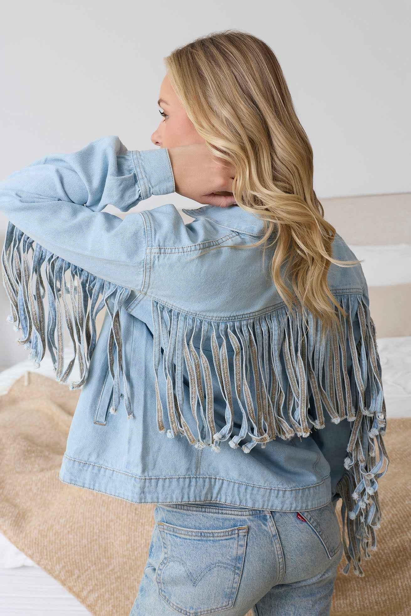 Cassie Fringed Light Wash Denim Jacket