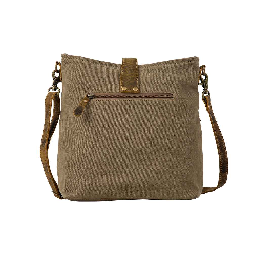 Myra Sand Weaver Shoulder Bag for Women â€“ Rustic Brown Leather, Jacquard Geometric Print, Turquoise Stone Snap for Ranch Chic