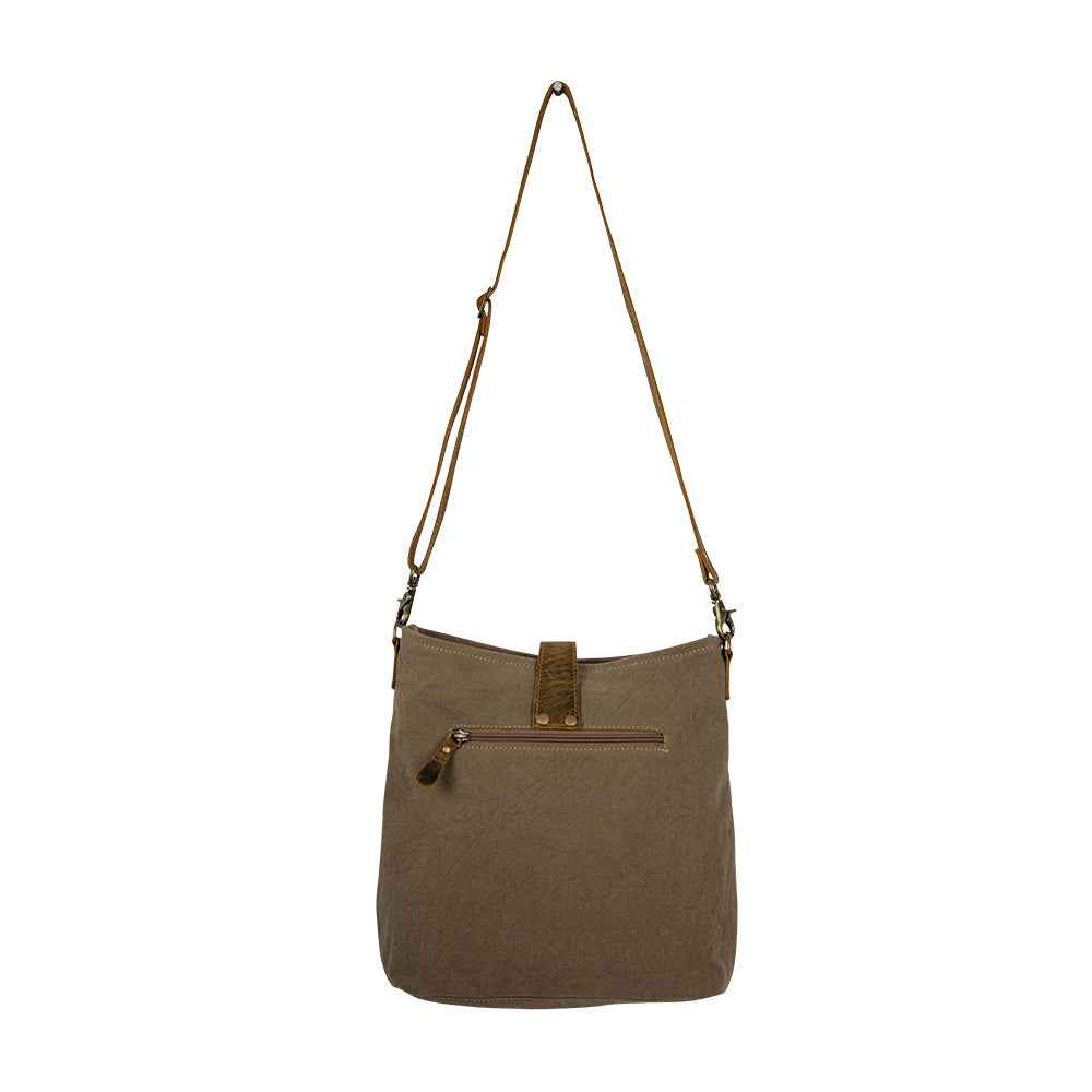 Myra Sand Weaver Shoulder Bag for Women â€“ Rustic Brown Leather, Jacquard Geometric Print, Turquoise Stone Snap for Ranch Chic