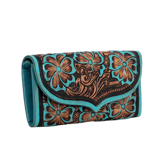 Myra Flower Crest Tooled Leather Wallet Floral Embossed with Turquoise Accents