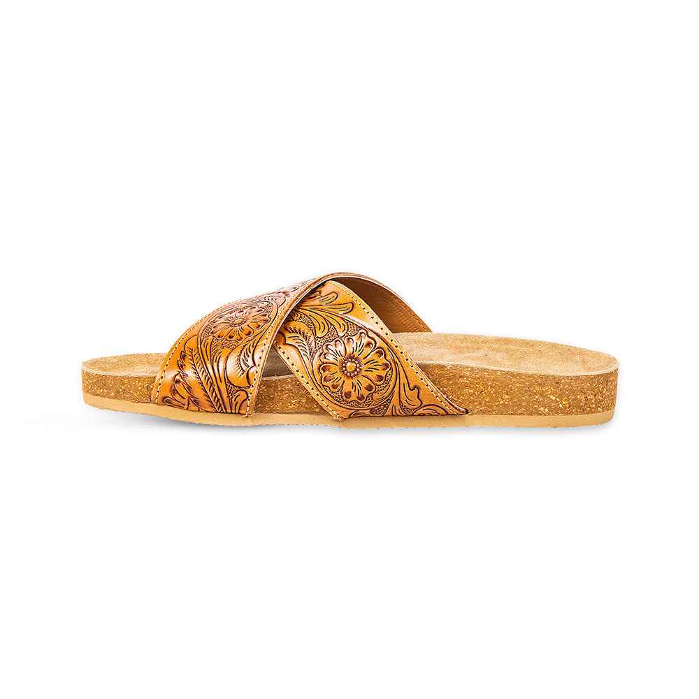 Myra Gracie Handtooled Leather Sandals for Women – Western Criss-Cross Slides with Cork Sole for Ranch, Rodeo, and Everyday Comfort