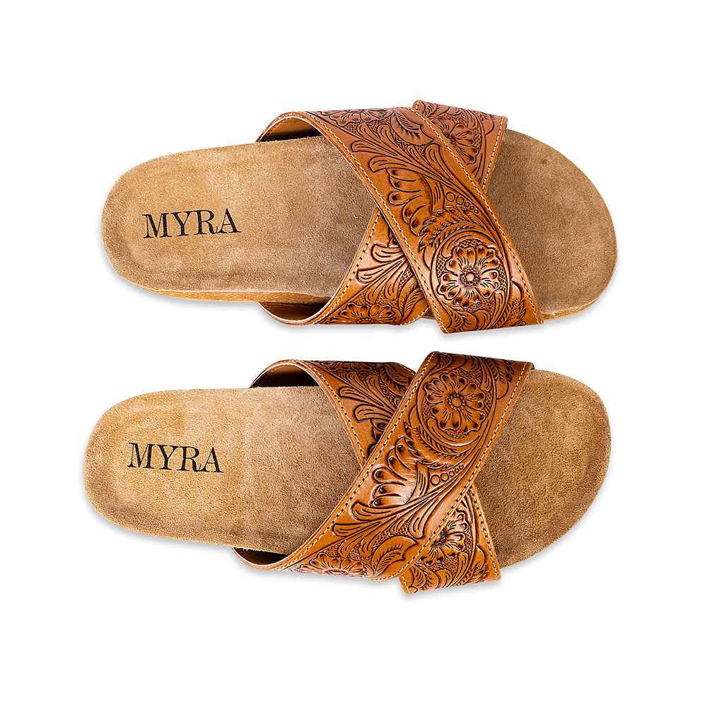 Myra Gracie Handtooled Leather Sandals for Women – Western Criss-Cross Slides with Cork Sole for Ranch, Rodeo, and Everyday Comfort