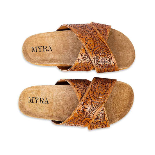Myra Gracie Handtooled Leather Sandals for Women – Western Criss-Cross Slides with Cork Sole for Ranch, Rodeo, and Everyday Comfort