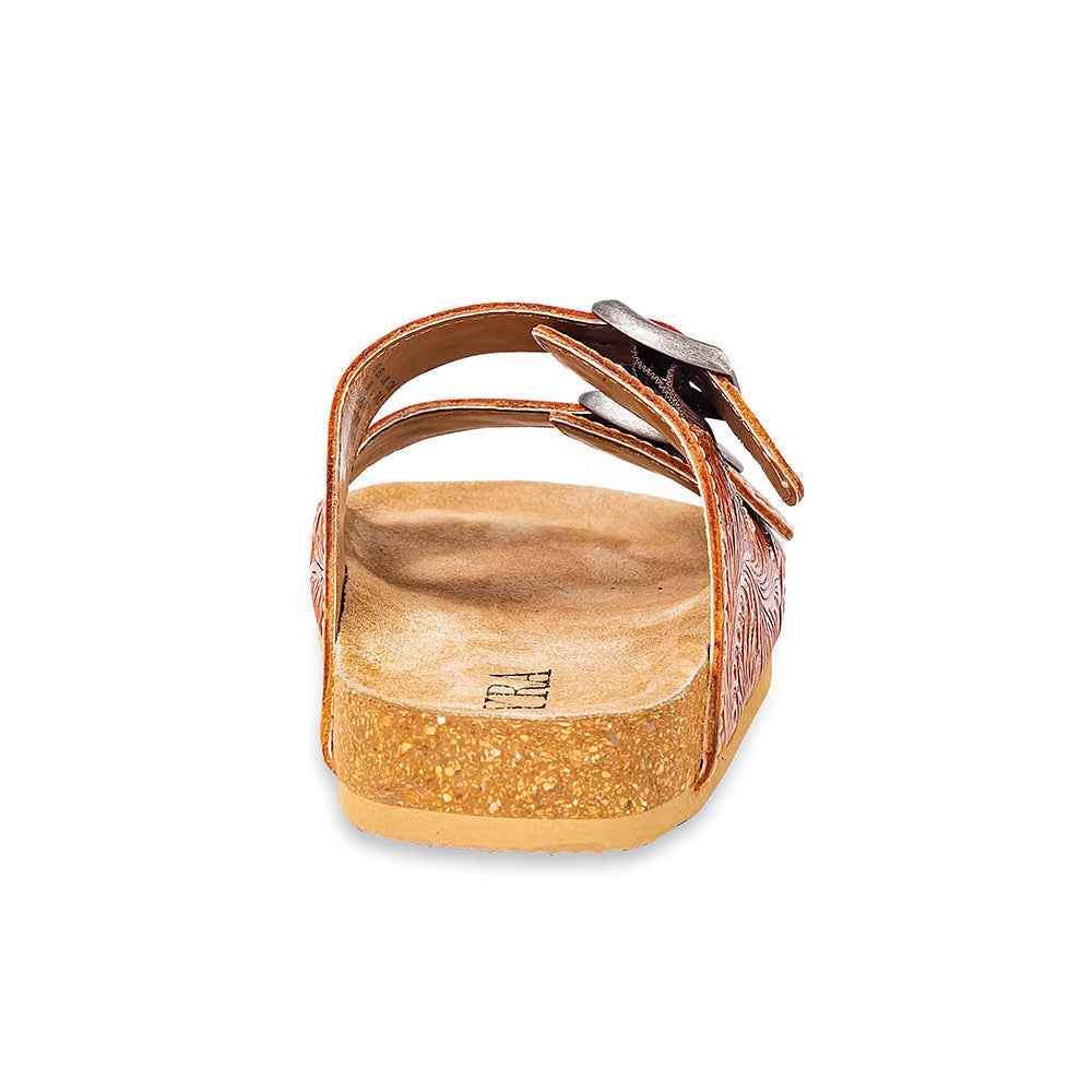 Myra Molly Megan Handtooled Leather Sandals - Easy Slip-on Dual Buckle Leather Flats for Women