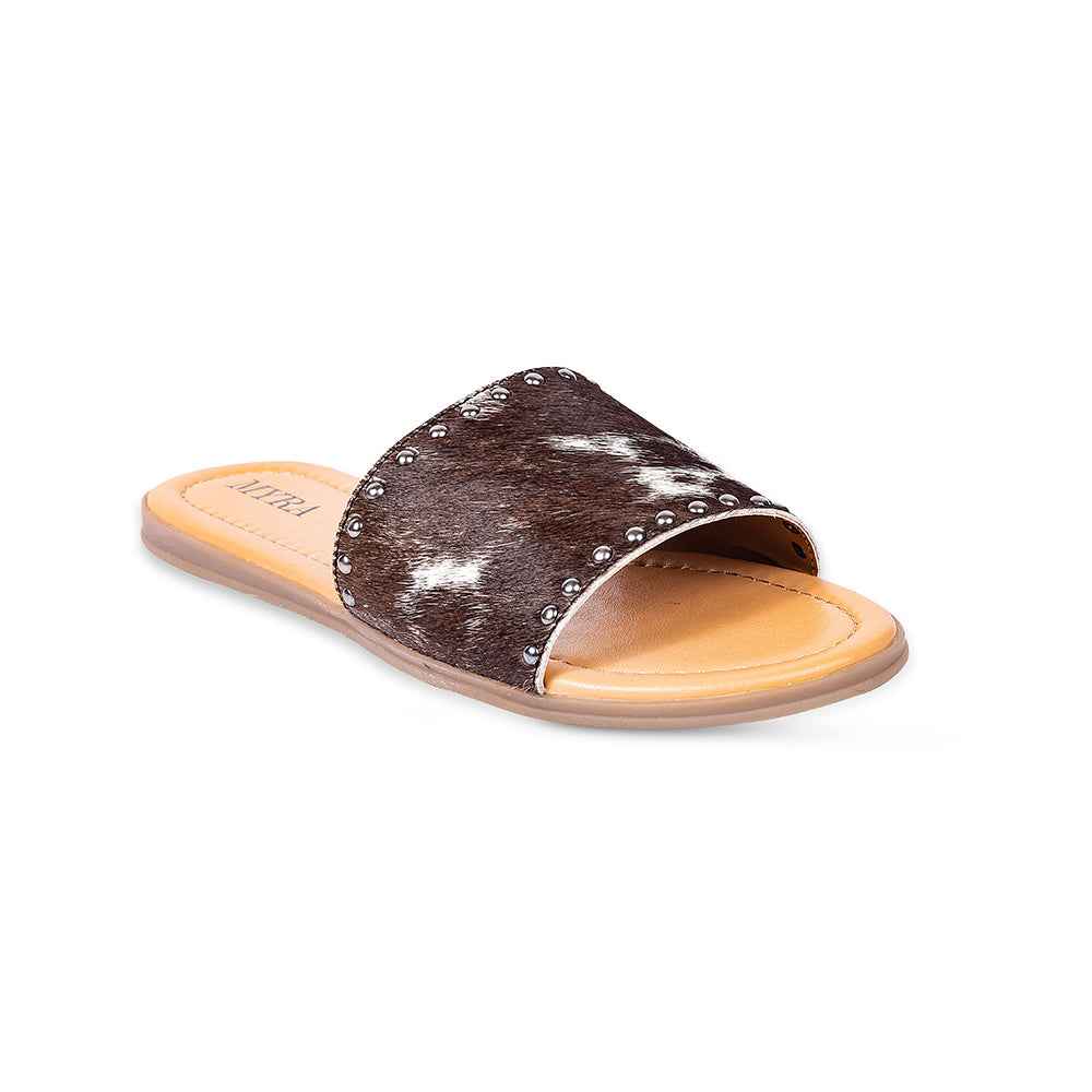 Myra Lettie Ridge Dark Hair-On Leather Flip Flops for Women - Western Slide Sandals with Soft Sole for Casual Comfort