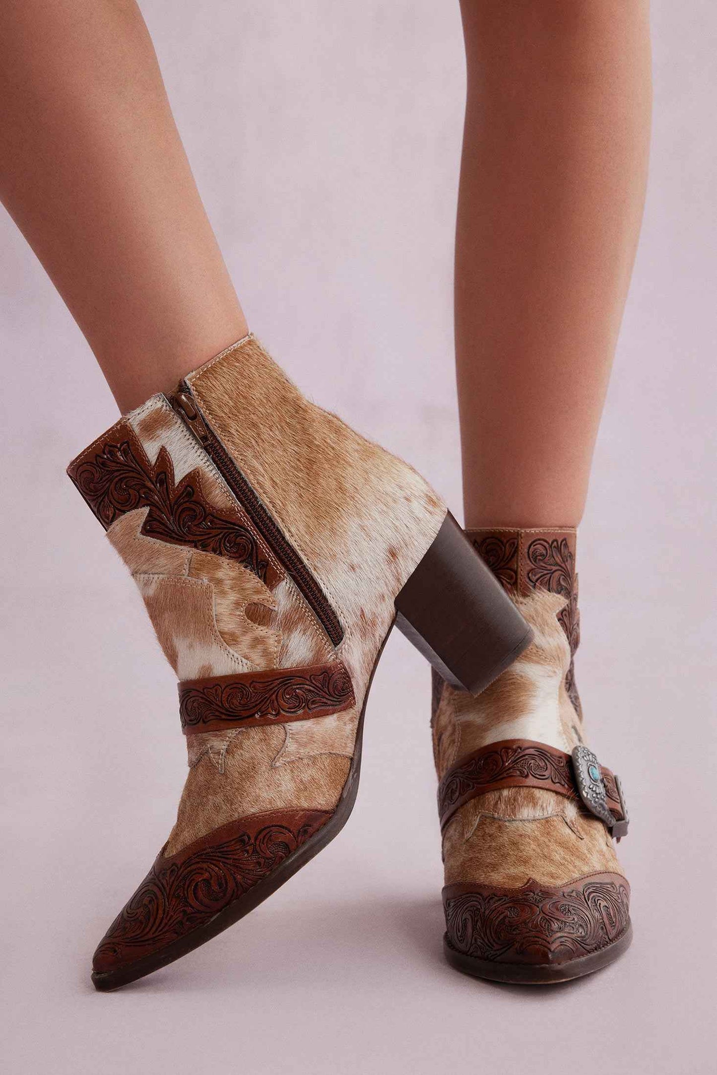 Myra Goldie Hairon Leather Boots for Women - Ankle Boots with Handtooled Leather Accents & Block Heels for Carnival Fun