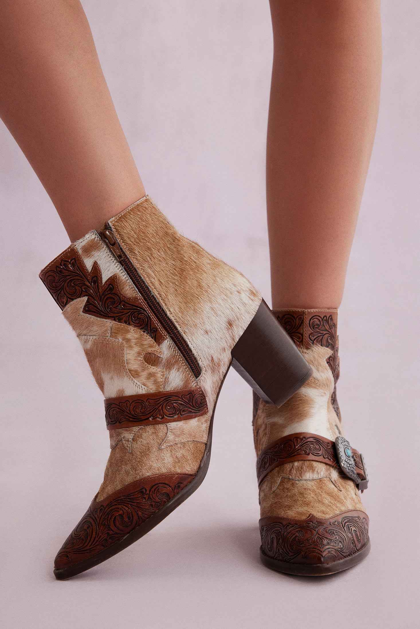 Myra Goldie Hairon Leather Boots for Women - Ankle Boots with Handtooled Leather Accents & Block Heels for Carnival Fun