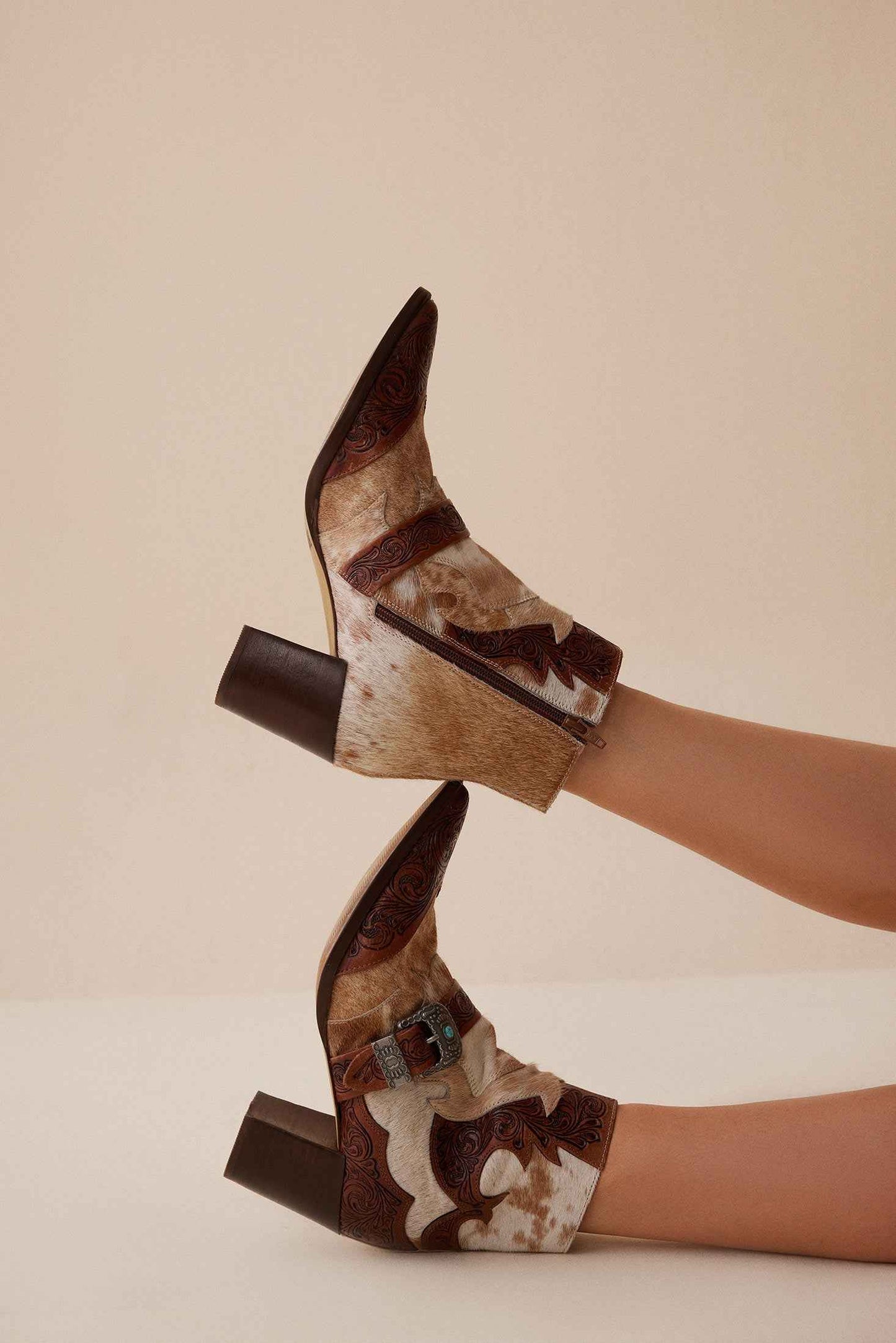 Myra Goldie Hairon Leather Boots for Women - Ankle Boots with Handtooled Leather Accents & Block Heels for Carnival Fun