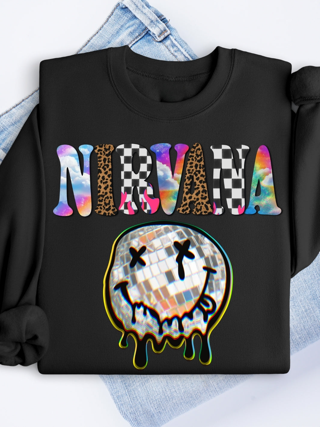 Retro Rock Vibes Grunge Smiley Face Graphic Crewneck Sweatshirt