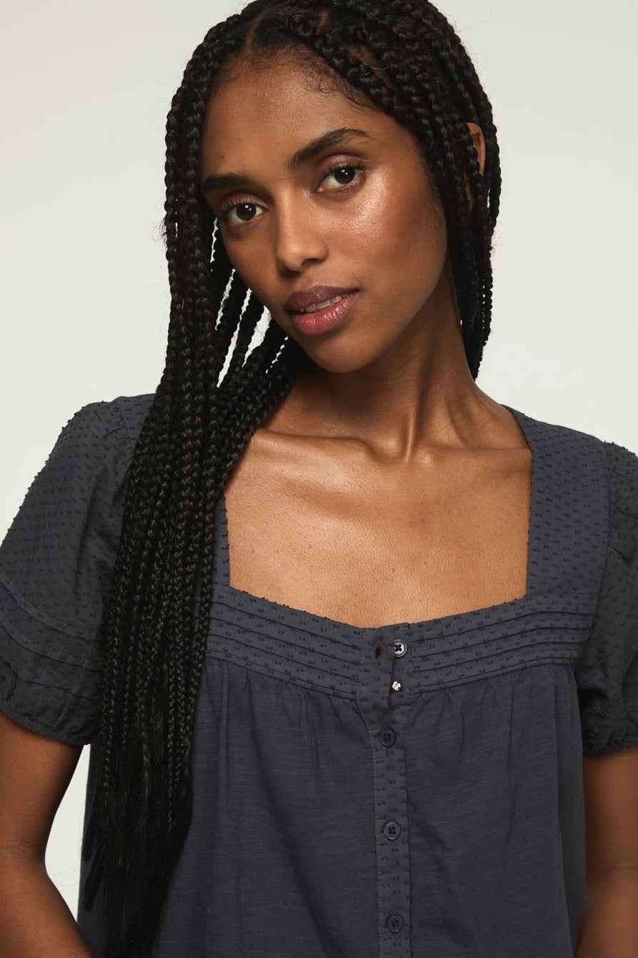 [147172-300] WOMENS LUCKY BRAND SHORT SLEEVE SQUARE NECK TOP - INDIA INK