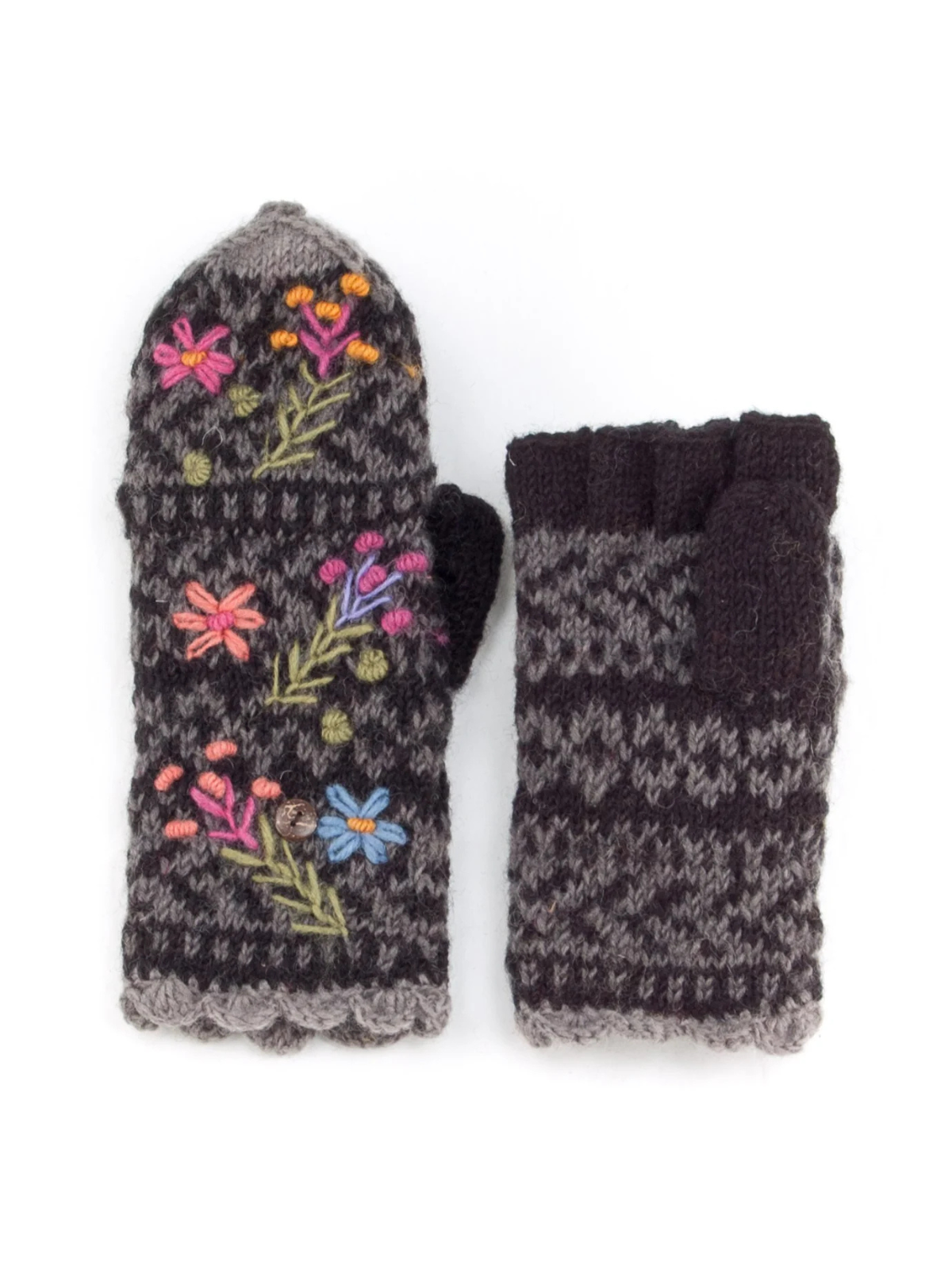 Sadie Hand Knit Wool Convertible Mittens - Embroidered