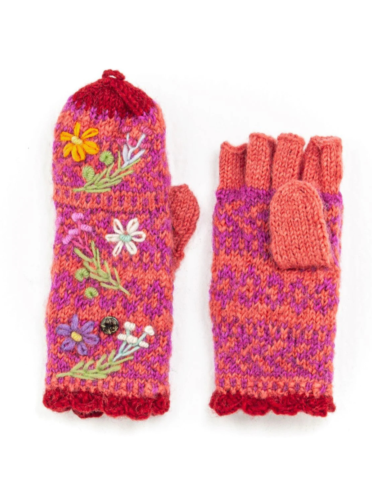 Sadie Hand Knit Wool Convertible Mittens - Embroidered
