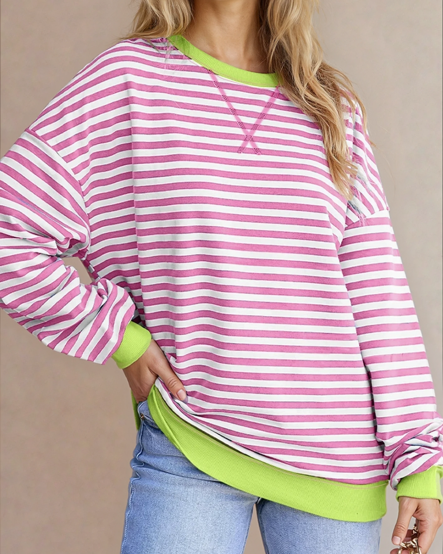 Baya Striped Contrast Trim Drop Shoulder Sweatshirt - Pink