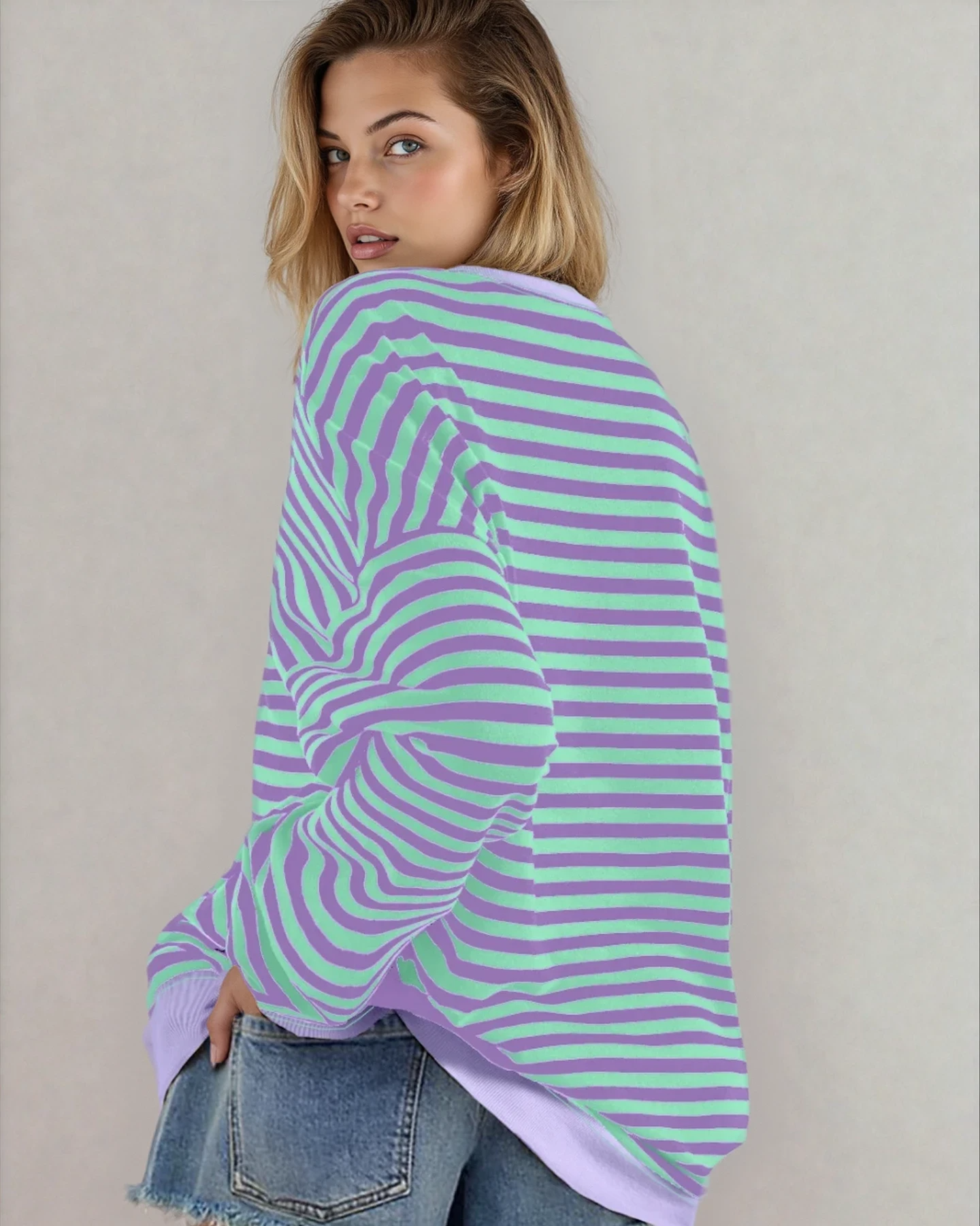 Baya Striped Contrast Trim Drop Shoulder Sweatshirt - Blue