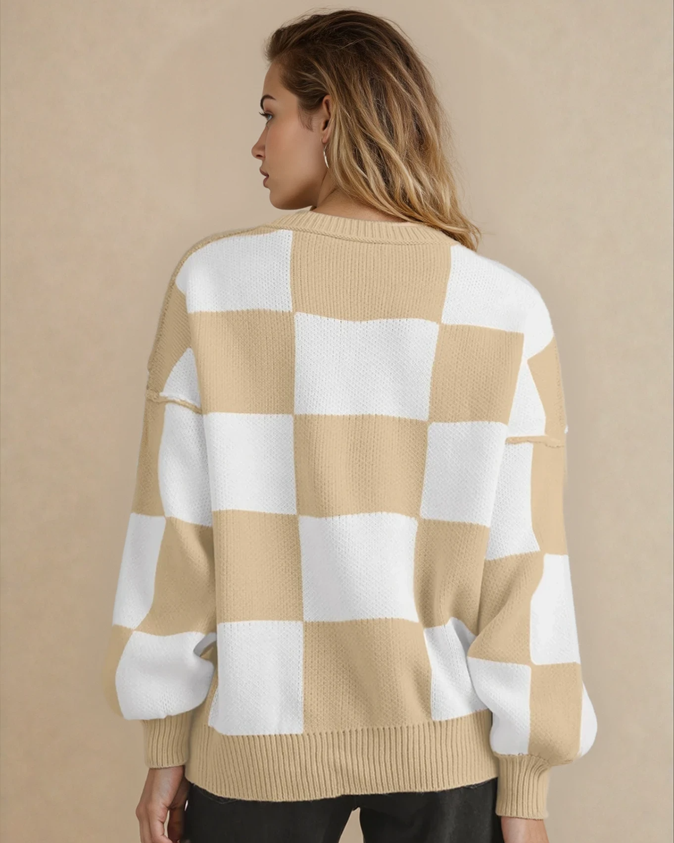 Checkered Crew Neck Sweater - Khaki