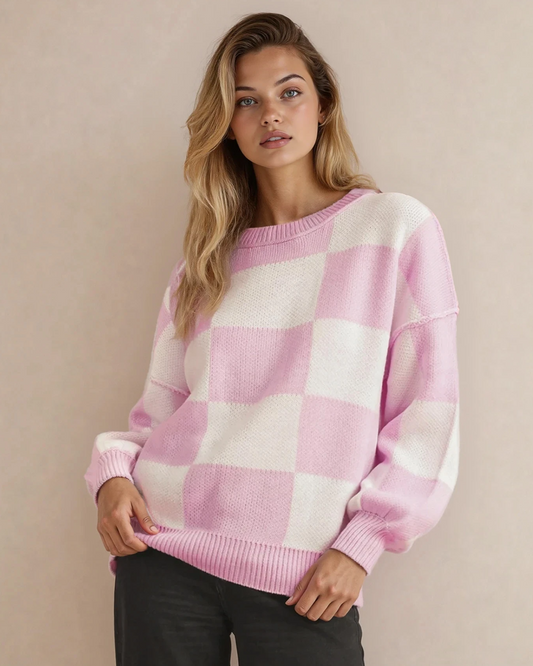 Checkered Crew Neck Sweater - Pink