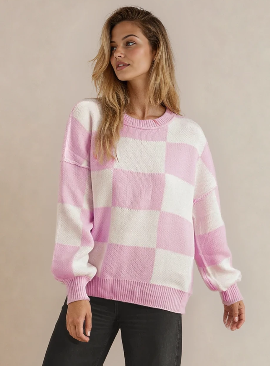 Checkered Crew Neck Sweater - Pink