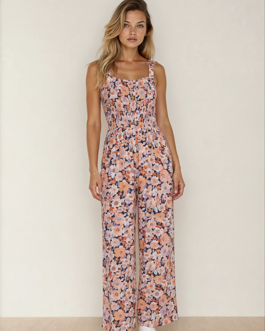 Angelica Square Neckline Stretch High Waist Jumpsuit - Pink Floral